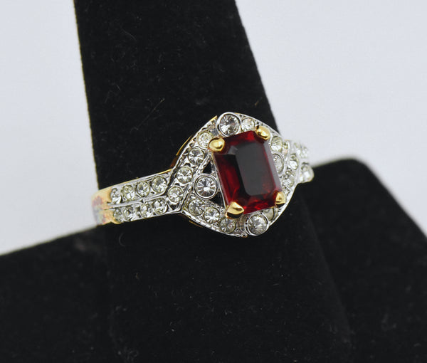 Lind - Vintage 14k Gold Plated Faux Ruby and Diamond Cockital Ring - Size 9.25