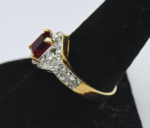 Lind - Vintage 14k Gold Plated Faux Ruby and Diamond Cockital Ring - Size 9.25