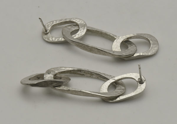 Vintage Handmade Hammered Texture Sterling Silver Links Dangle Earrings