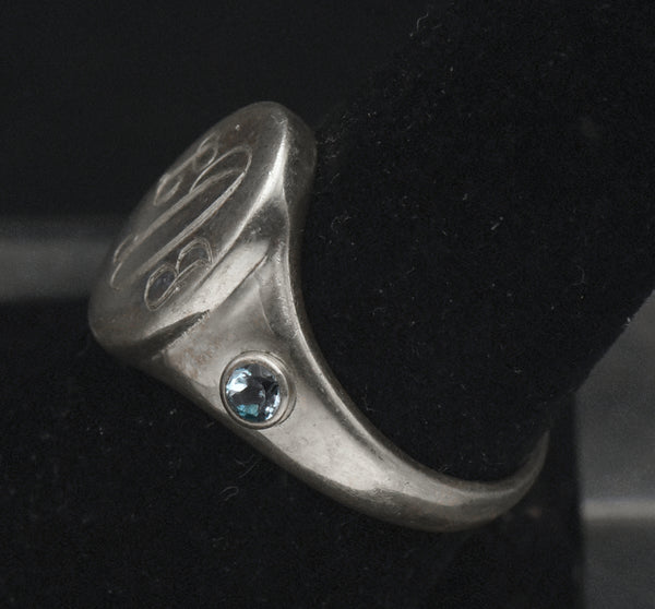 Vintage Blue Topaz Sterling Silver Engraved Monogram Signet Ring - Size 7.25