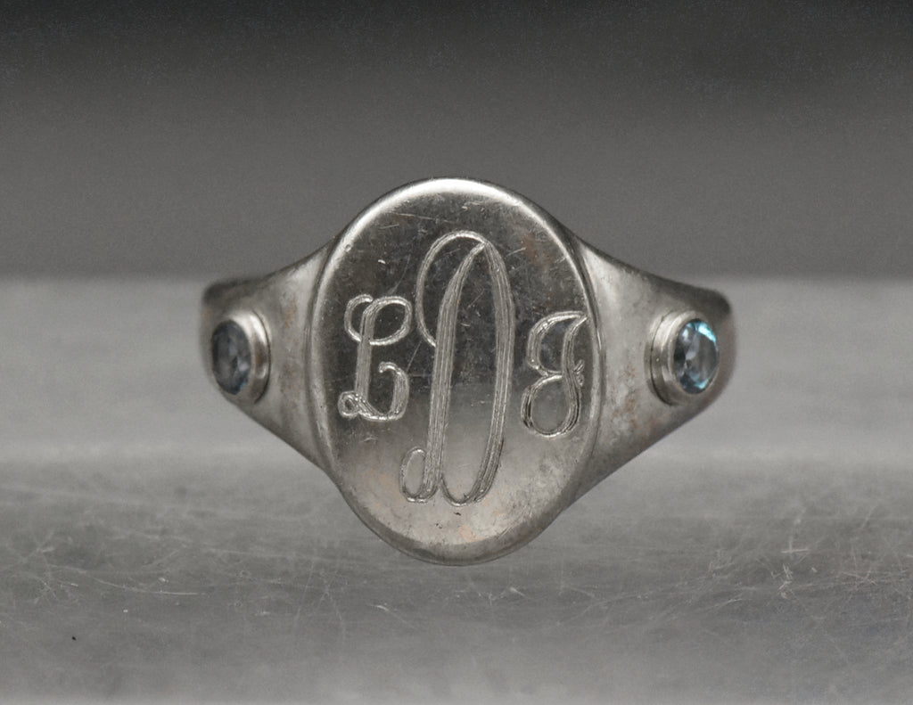 Vintage Blue Topaz Sterling Silver Engraved Monogram Signet Ring - Size 7.25