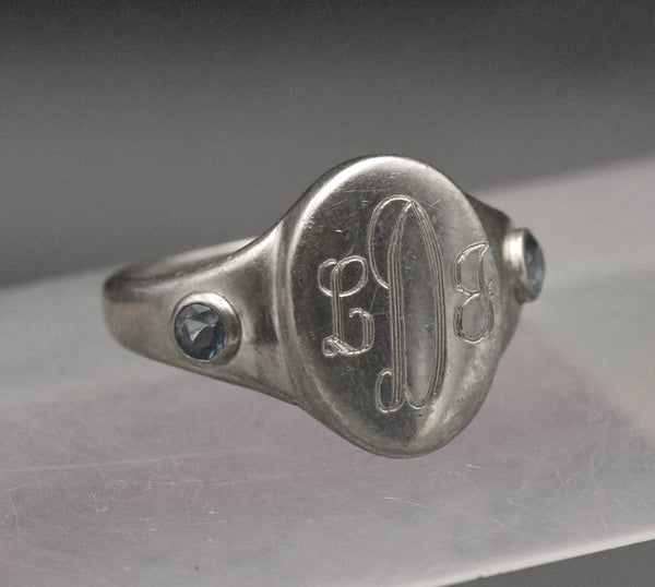 Vintage Blue Topaz Sterling Silver Engraved Monogram Signet Ring - Size 7.25