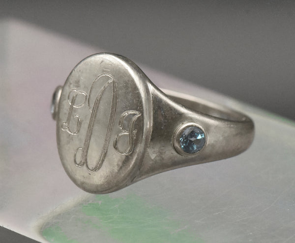 Vintage Blue Topaz Sterling Silver Engraved Monogram Signet Ring - Size 7.25