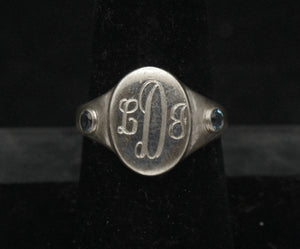 Vintage Blue Topaz Sterling Silver Engraved Monogram Signet Ring - Size 7.25