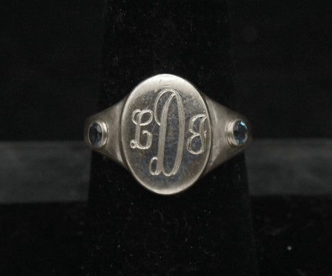 Vintage Blue Topaz Sterling Silver Engraved Monogram Signet Ring - Size 7.25