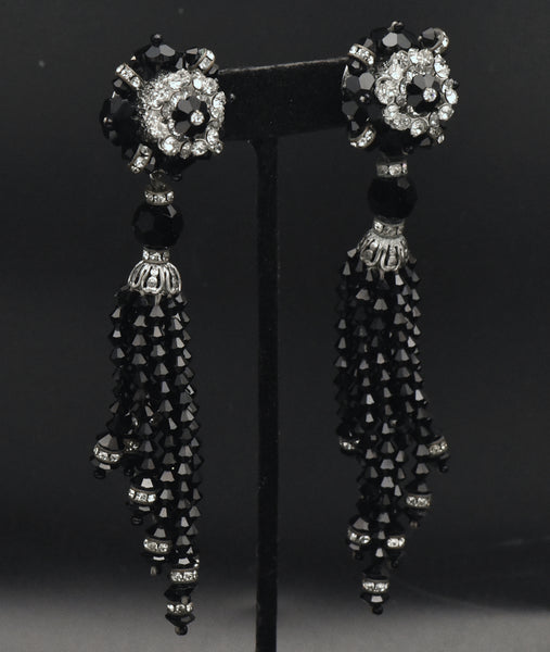 Lois Ann - Vintage Beaded and Rhinestone Clip On Tassel Earrings