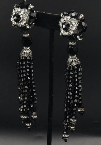 Lois Ann - Vintage Beaded and Rhinestone Clip On Tassel Earrings