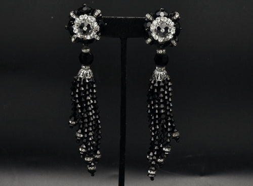 Lois Ann - Vintage Beaded and Rhinestone Clip On Tassel Earrings