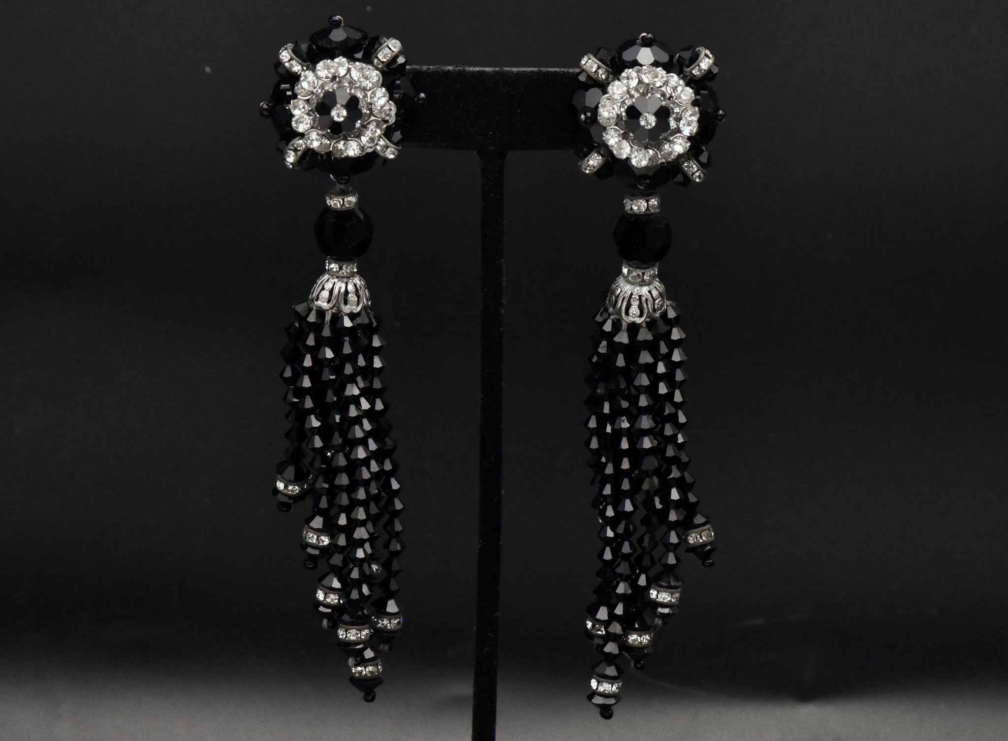 Lois Ann - Vintage Beaded and Rhinestone Clip On Tassel Earrings