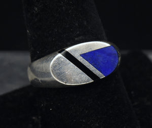 Vintage Sterling Silver Lapis Lazuli and Black Onyx Modern Design Ring - Size 9