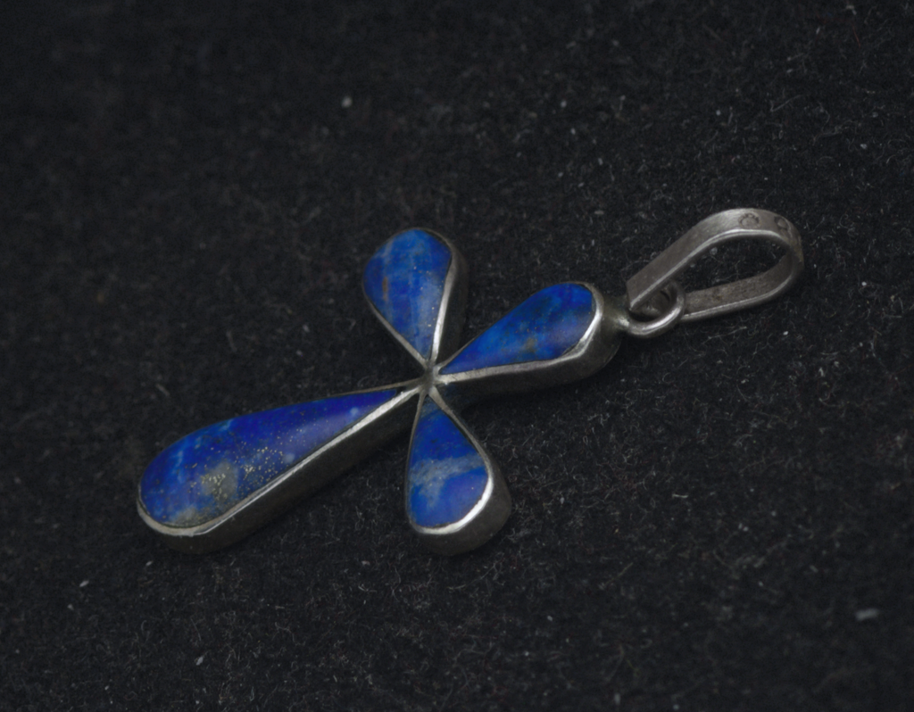 Vintage Handmade 980 Silver and Lapis Lazuli Cross Pendant