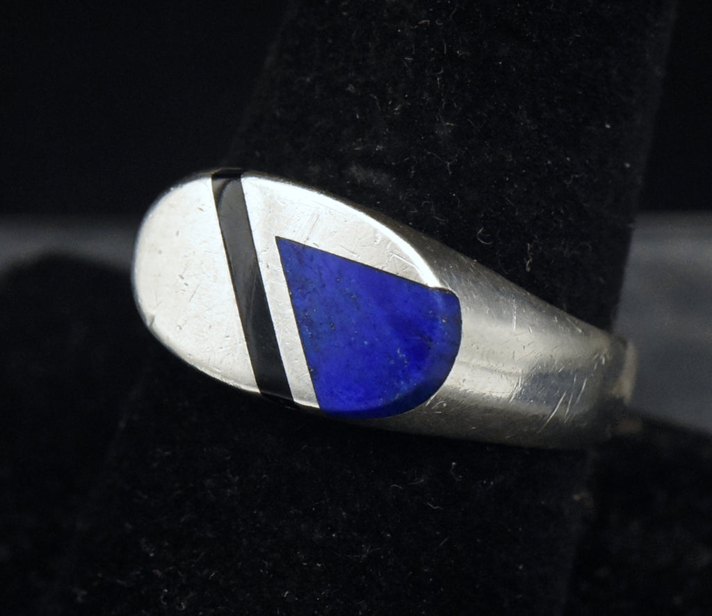Vintage Sterling Silver Lapis Lazuli and Black Onyx Modern Design Ring - Size 9