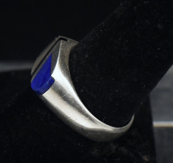 Vintage Sterling Silver Lapis Lazuli and Black Onyx Modern Design Ring - Size 9