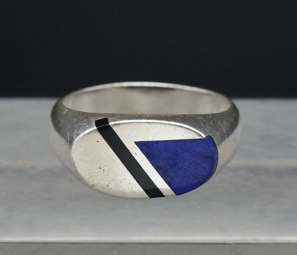 Vintage Sterling Silver Lapis Lazuli and Black Onyx Modern Design Ring - Size 9