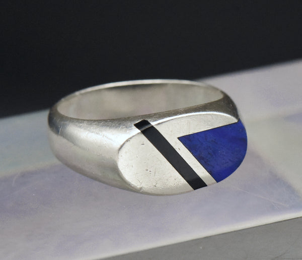 Vintage Sterling Silver Lapis Lazuli and Black Onyx Modern Design Ring - Size 9