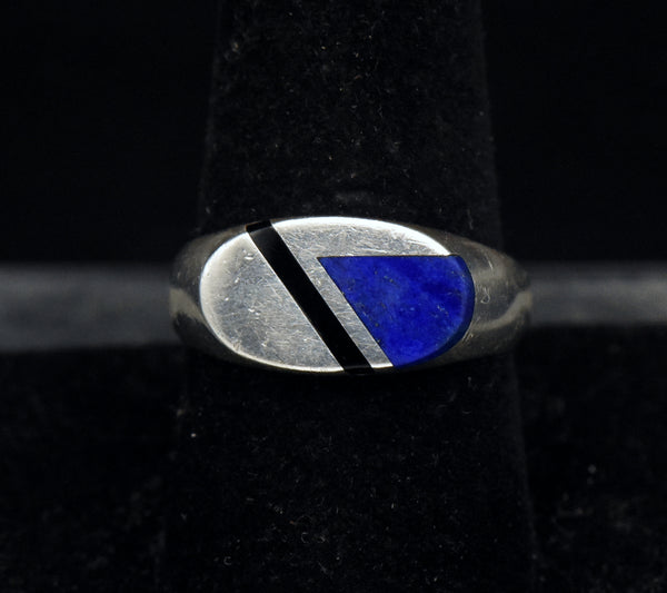 Vintage Sterling Silver Lapis Lazuli and Black Onyx Modern Design Ring - Size 9