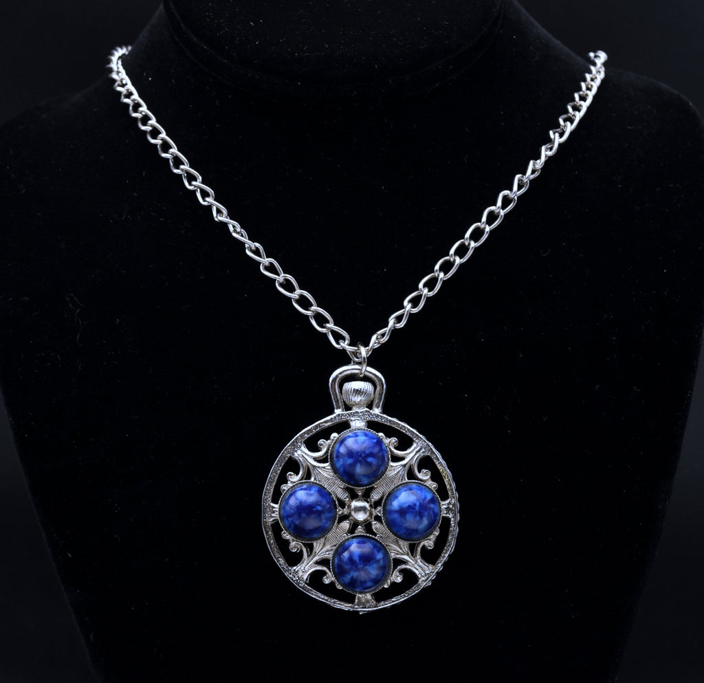 Vintage Faux Lapis Lazuli Silver Tone Pendant Chain Necklace - 20.5"
