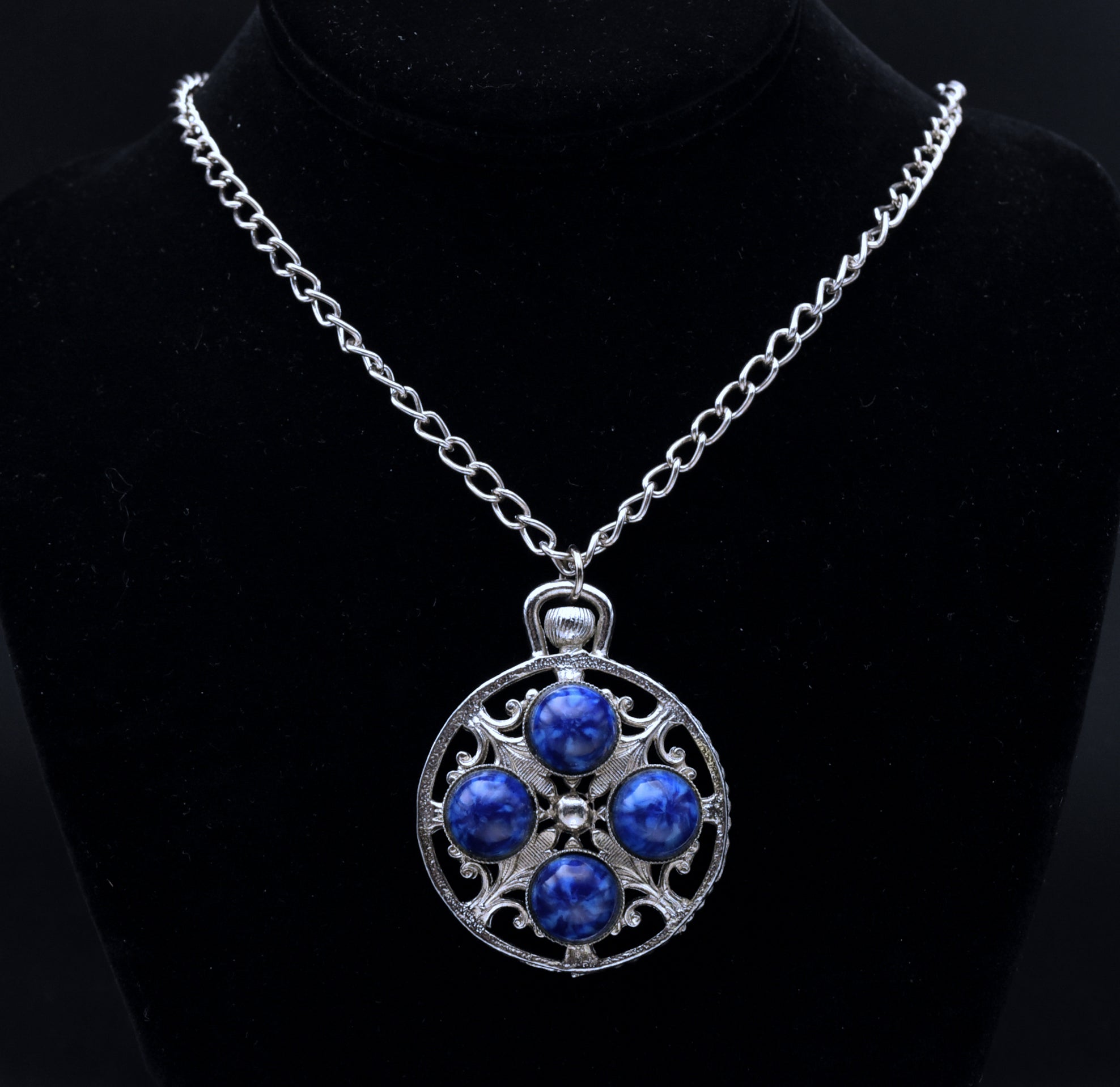 Vintage Faux Lapis Lazuli Silver Tone Pendant Chain Necklace - 20.5"