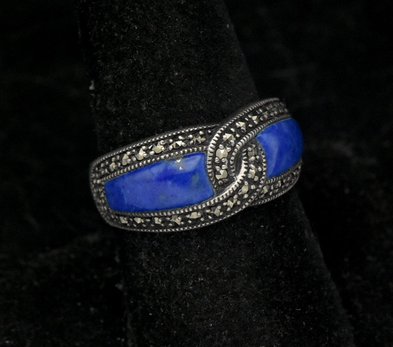 Vintage Sterling Silver Lapis Lazuli and Marcasite Ring - Size 8