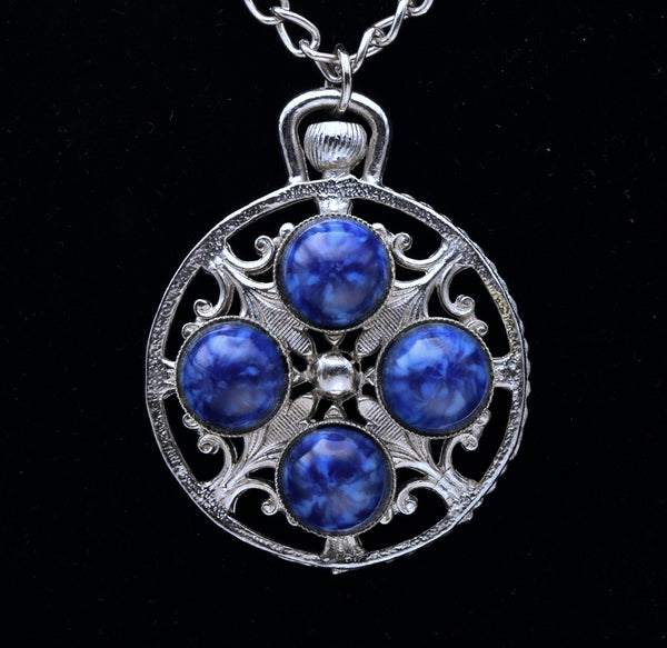 Vintage Faux Lapis Lazuli Silver Tone Pendant Chain Necklace - 20.5"