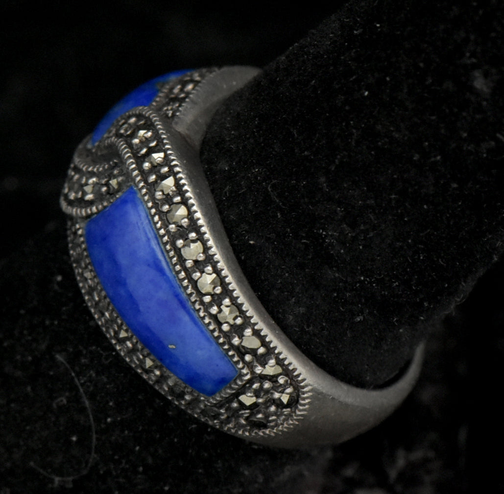 Vintage Sterling Silver Lapis Lazuli and Marcasite Ring - Size 8