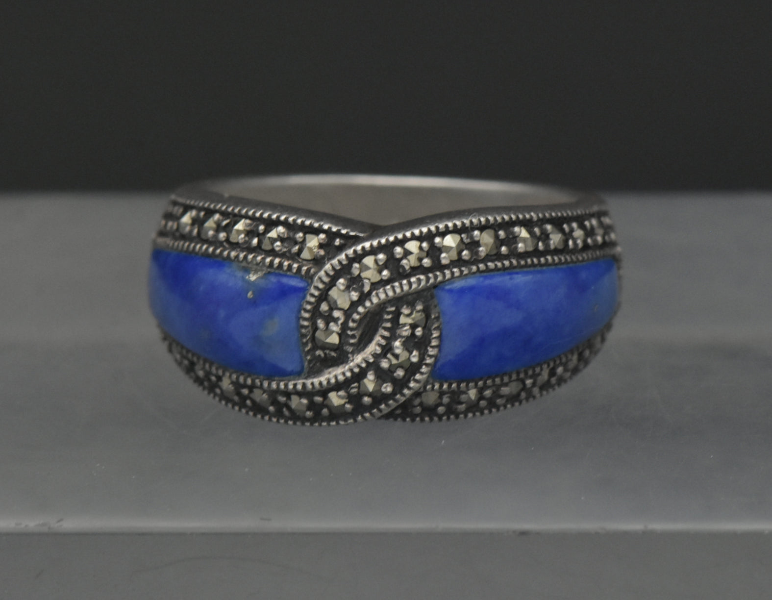 Vintage Sterling Silver Lapis Lazuli and Marcasite Ring - Size 8