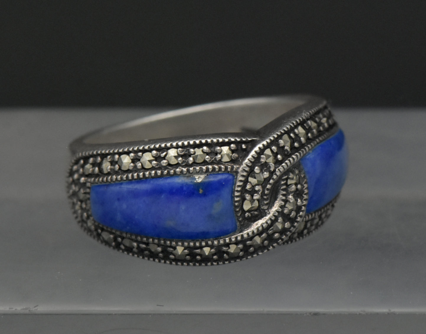 Vintage Sterling Silver Lapis Lazuli and Marcasite Ring - Size 8