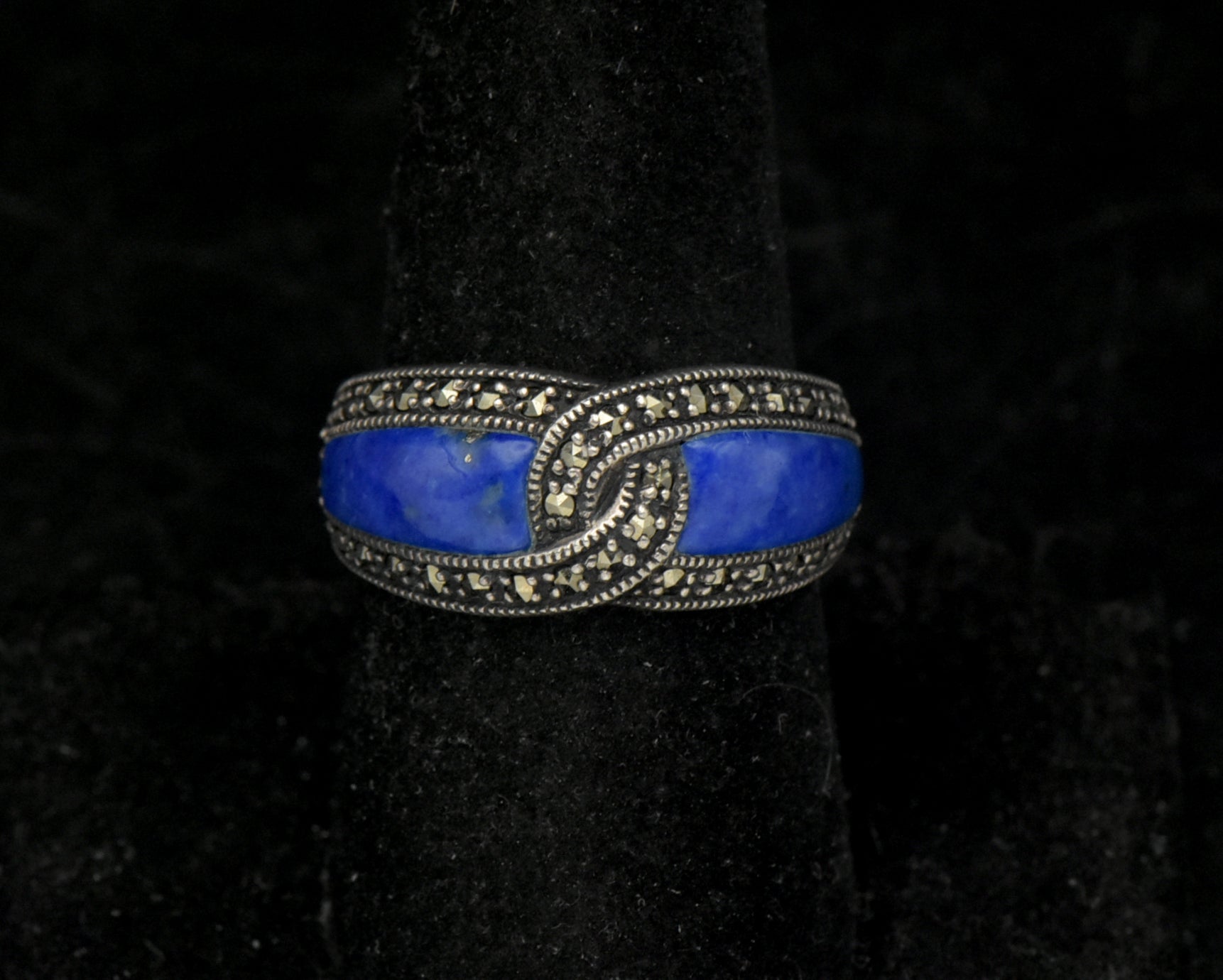 Vintage Sterling Silver Lapis Lazuli and Marcasite Ring - Size 8