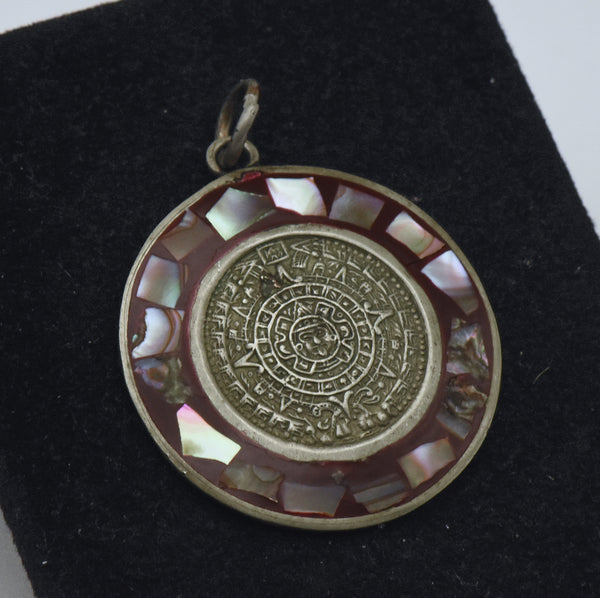 Vintage Handmade Maya Calendar Alpaca and Abalone Shell Pendant