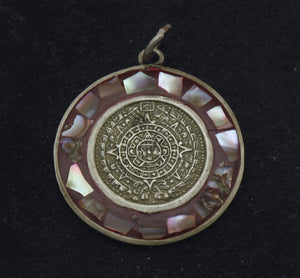 Vintage Handmade Maya Calendar Alpaca and Abalone Shell Pendant