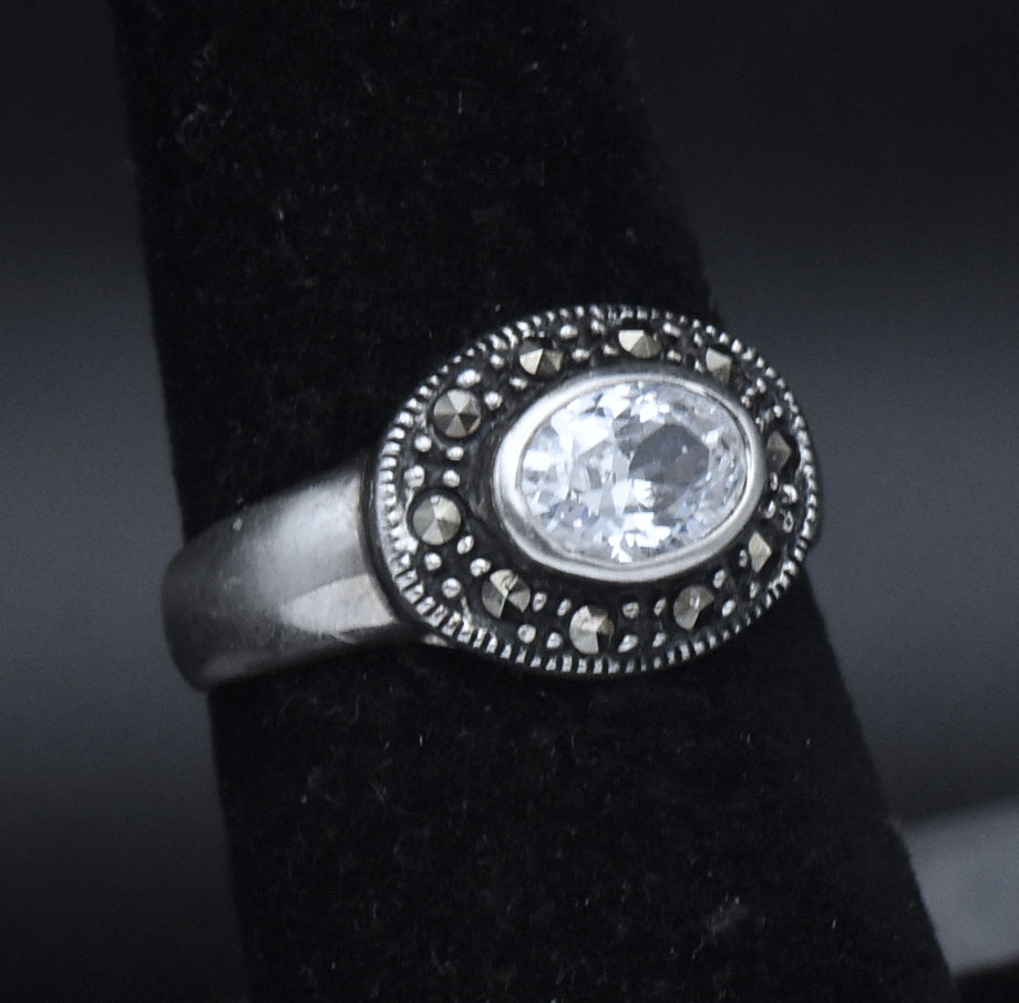 Sterling Silver Cubic Zirconia and Marcasite Ring - Size 6