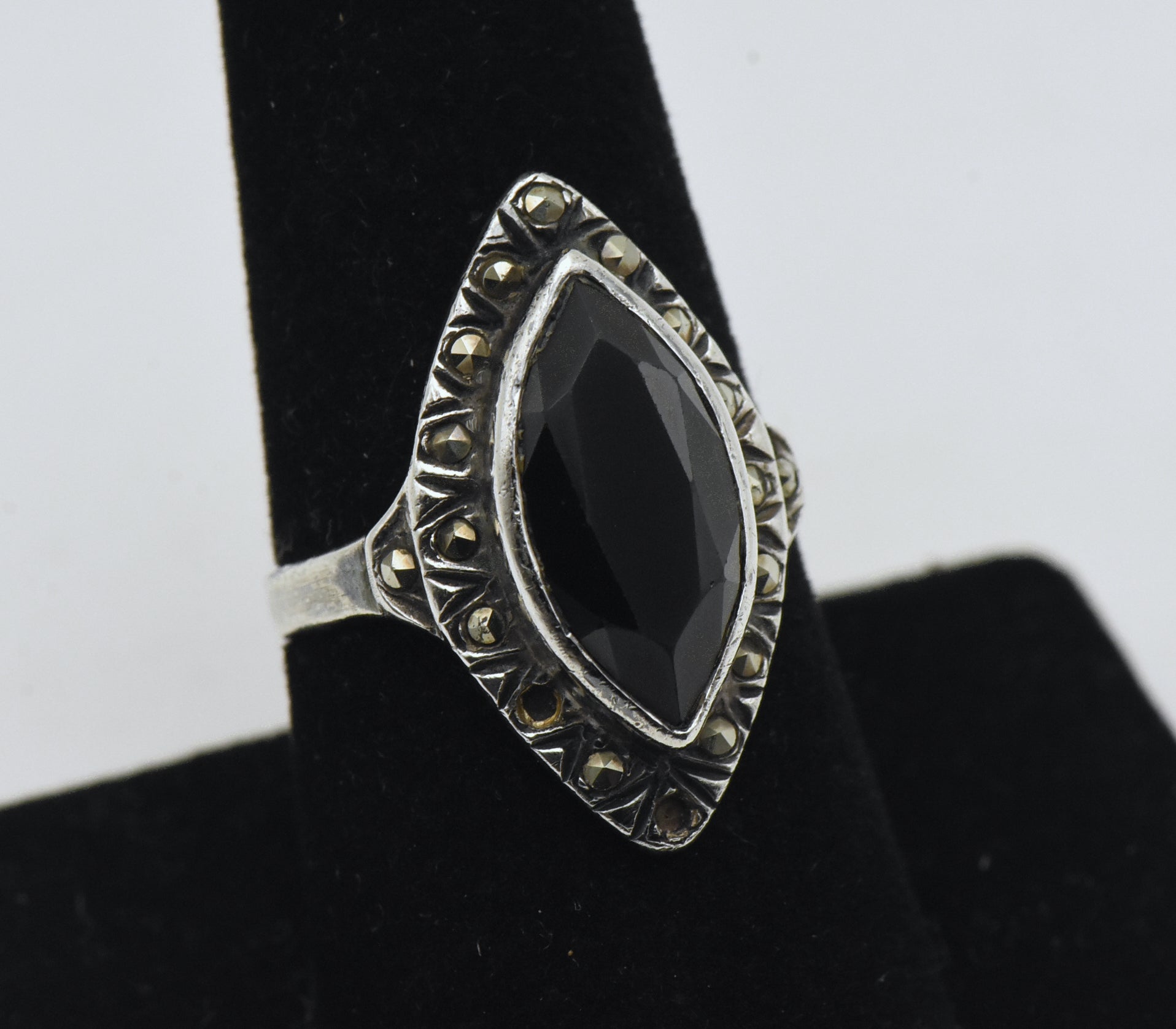 Vintage Sterling Silver Black Onyx and Marcasite Ring - Size 8