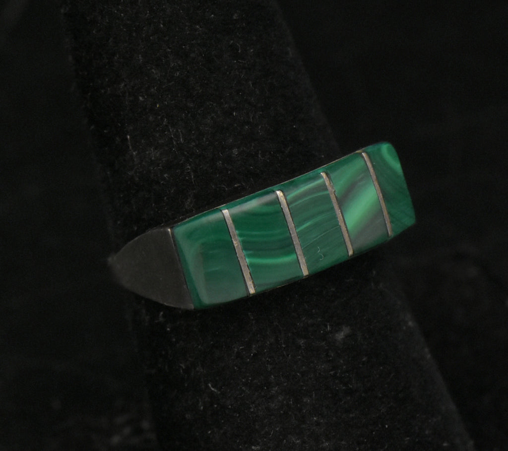 Vintage Handmade Silver Tone Metal Faux Malachite Ring - Size 7