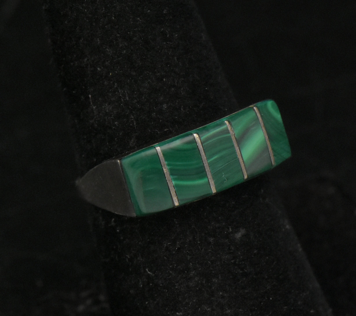 Vintage Handmade Silver Tone Metal Faux Malachite Ring - Size 7