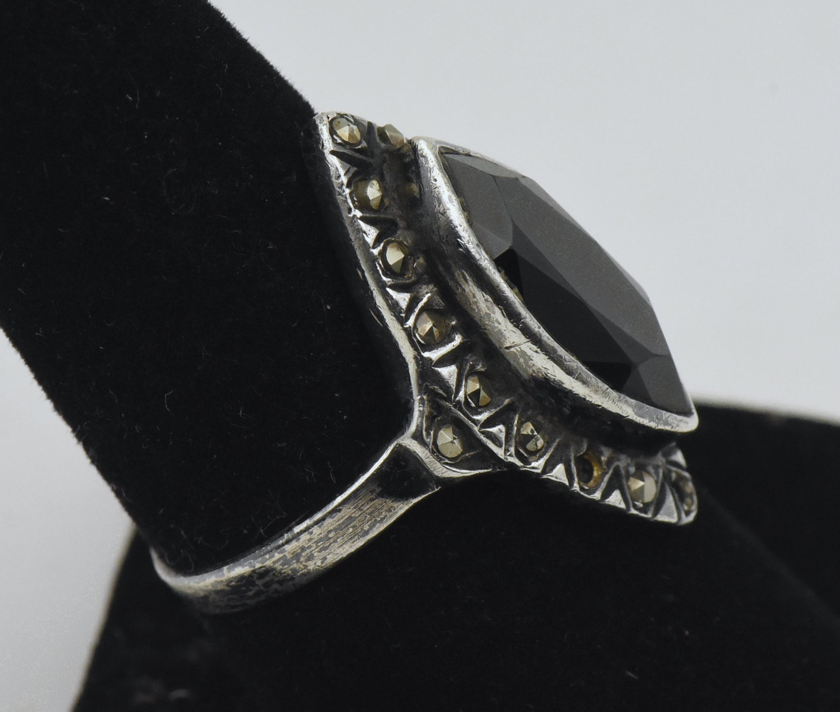 Vintage Sterling Silver Black Onyx and Marcasite Ring - Size 8
