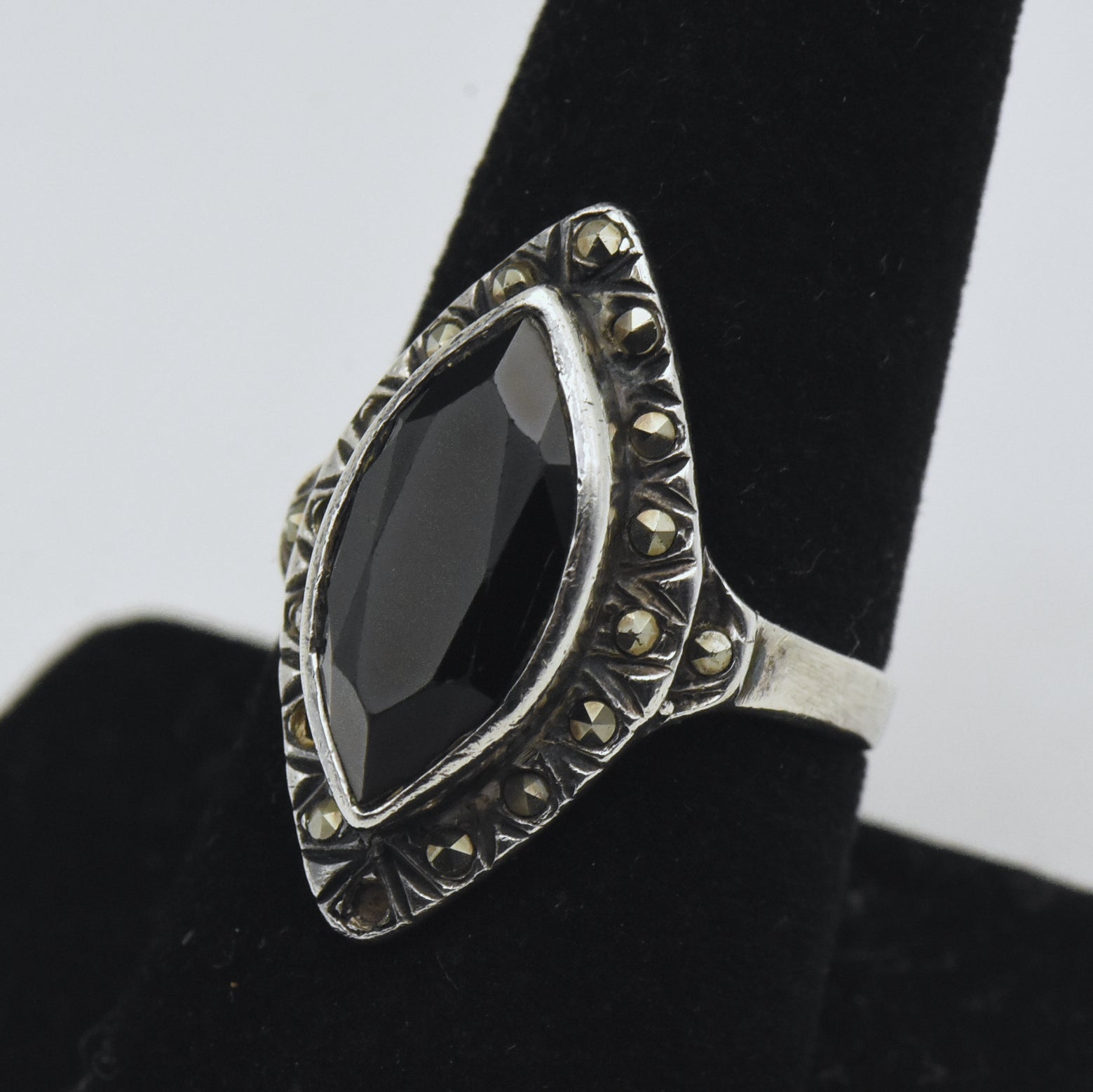 Vintage Sterling Silver Black Onyx and Marcasite Ring - Size 8