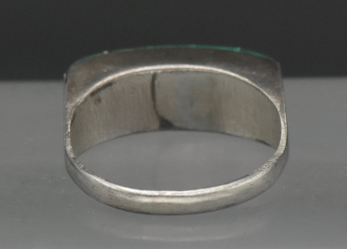 Vintage Handmade Silver Tone Metal Faux Malachite Ring - Size 7