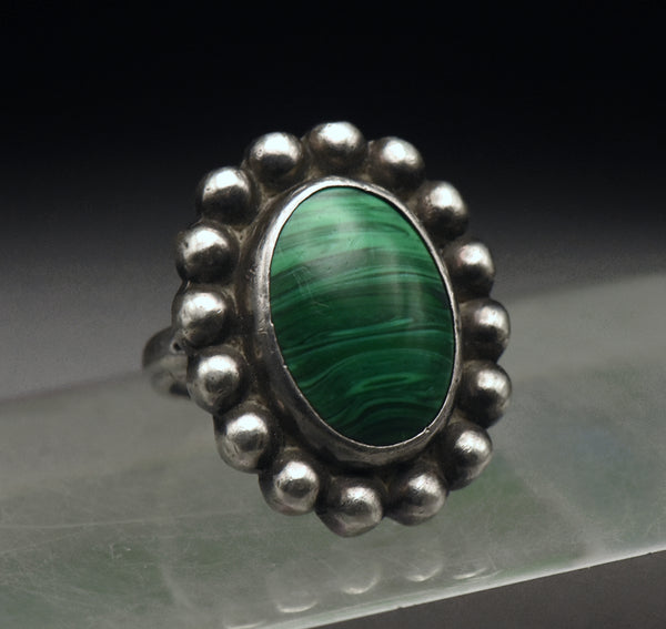 Vintage Sterling Silver Imitation Malachite Ring - Size 6