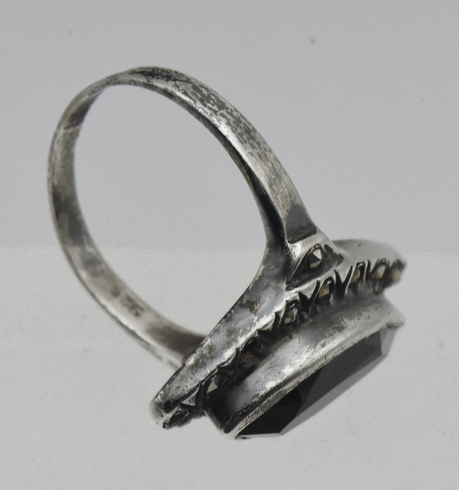 Vintage Sterling Silver Black Onyx and Marcasite Ring - Size 8