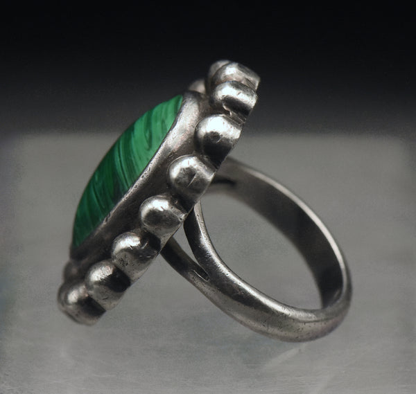 Vintage Sterling Silver Imitation Malachite Ring - Size 6