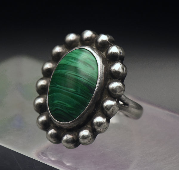 Vintage Sterling Silver Imitation Malachite Ring - Size 6