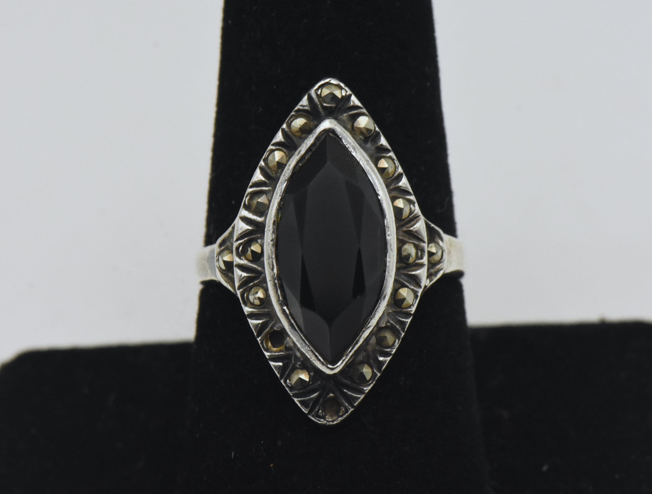 Vintage Sterling Silver Black Onyx and Marcasite Ring - Size 8