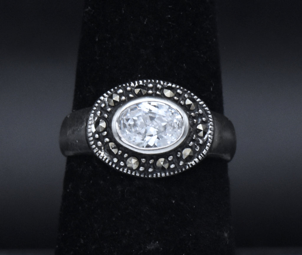 Sterling Silver Cubic Zirconia and Marcasite Ring - Size 6