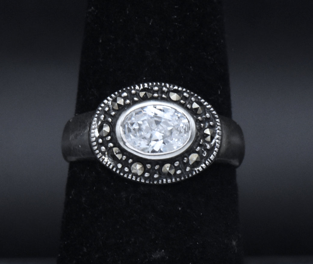 Sterling Silver Cubic Zirconia and Marcasite Ring - Size 6
