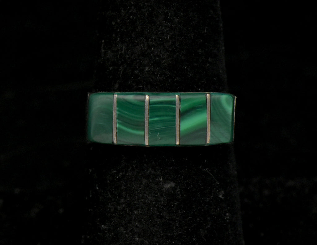 Vintage Handmade Silver Tone Metal Faux Malachite Ring - Size 7