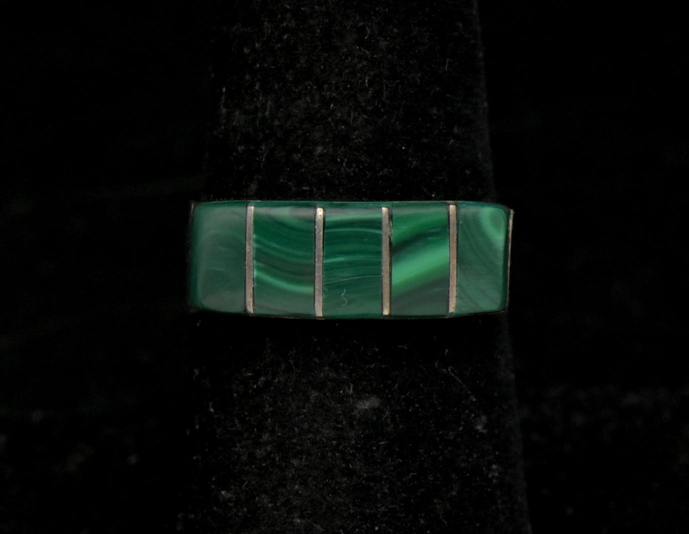 Vintage Handmade Silver Tone Metal Faux Malachite Ring - Size 7