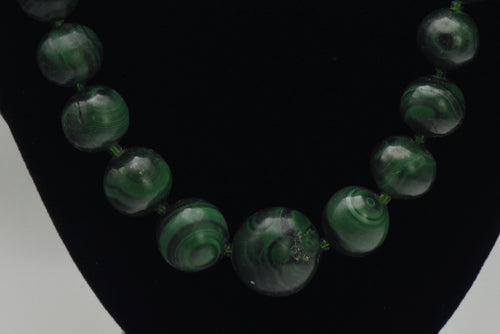 Vintage Hand Carved Malachite Bead Necklace - 27.5"