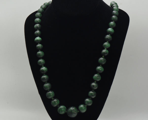 Vintage Hand Carved Malachite Bead Necklace - 27.5"