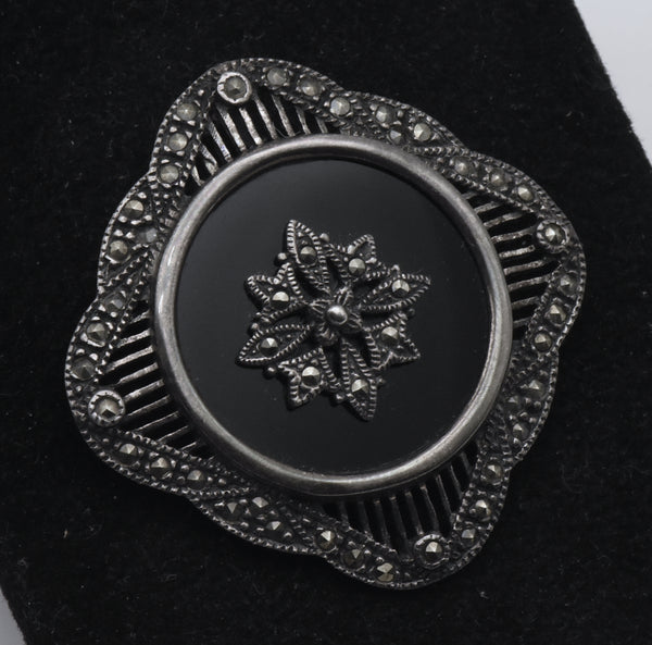 Vintage Sterling Silver Black Onyx and Marcasite Brooch
