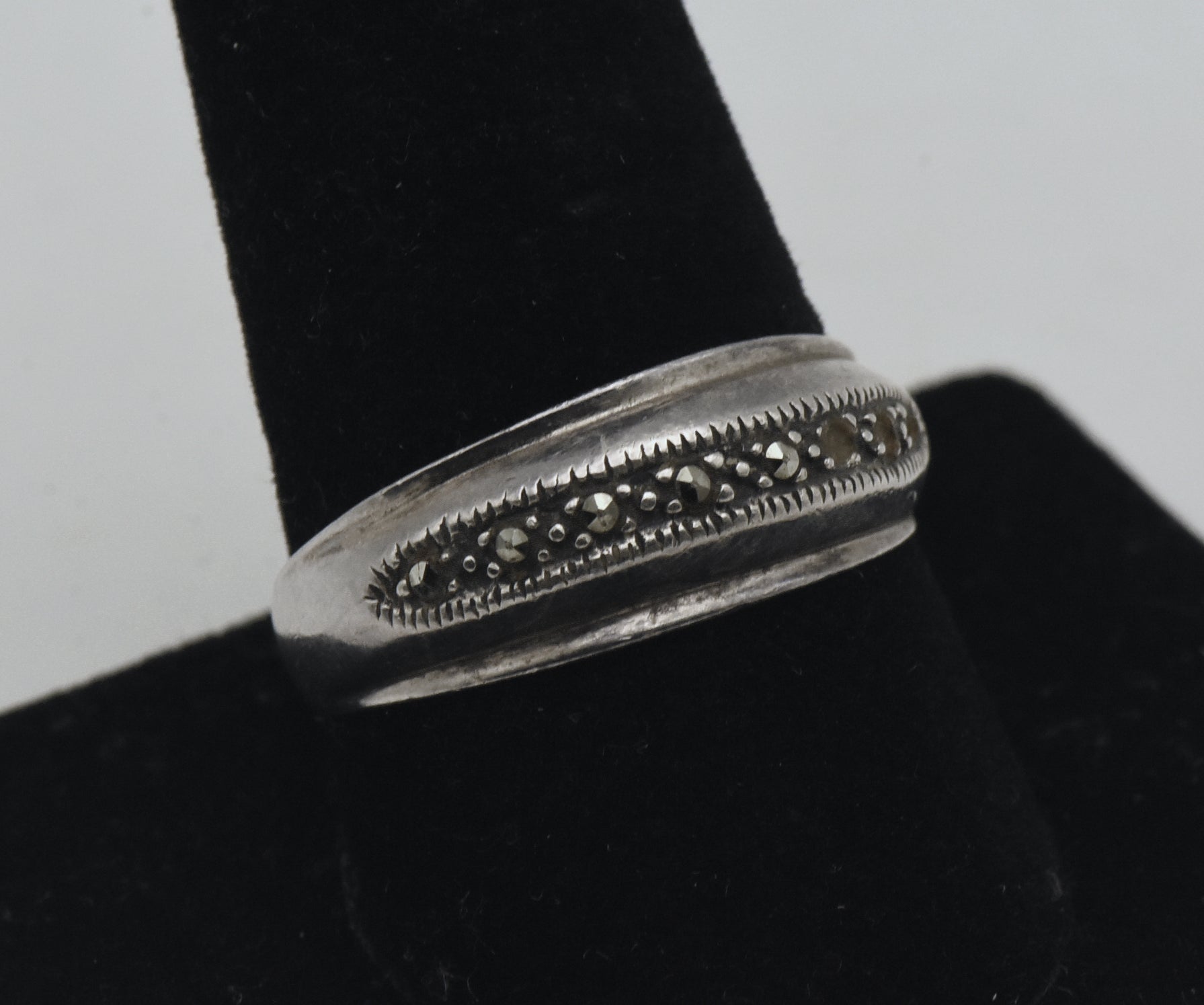 Vintage Sterling Silver Marcasite Domed Band - Size 10